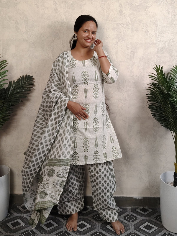 White Olive Green Mughal Boota Block Print Cotton Salwar Kurti Set with Dupatta