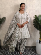 White Olive Green Mughal Boota Block Print Cotton Salwar Kurti Set with Dupatta