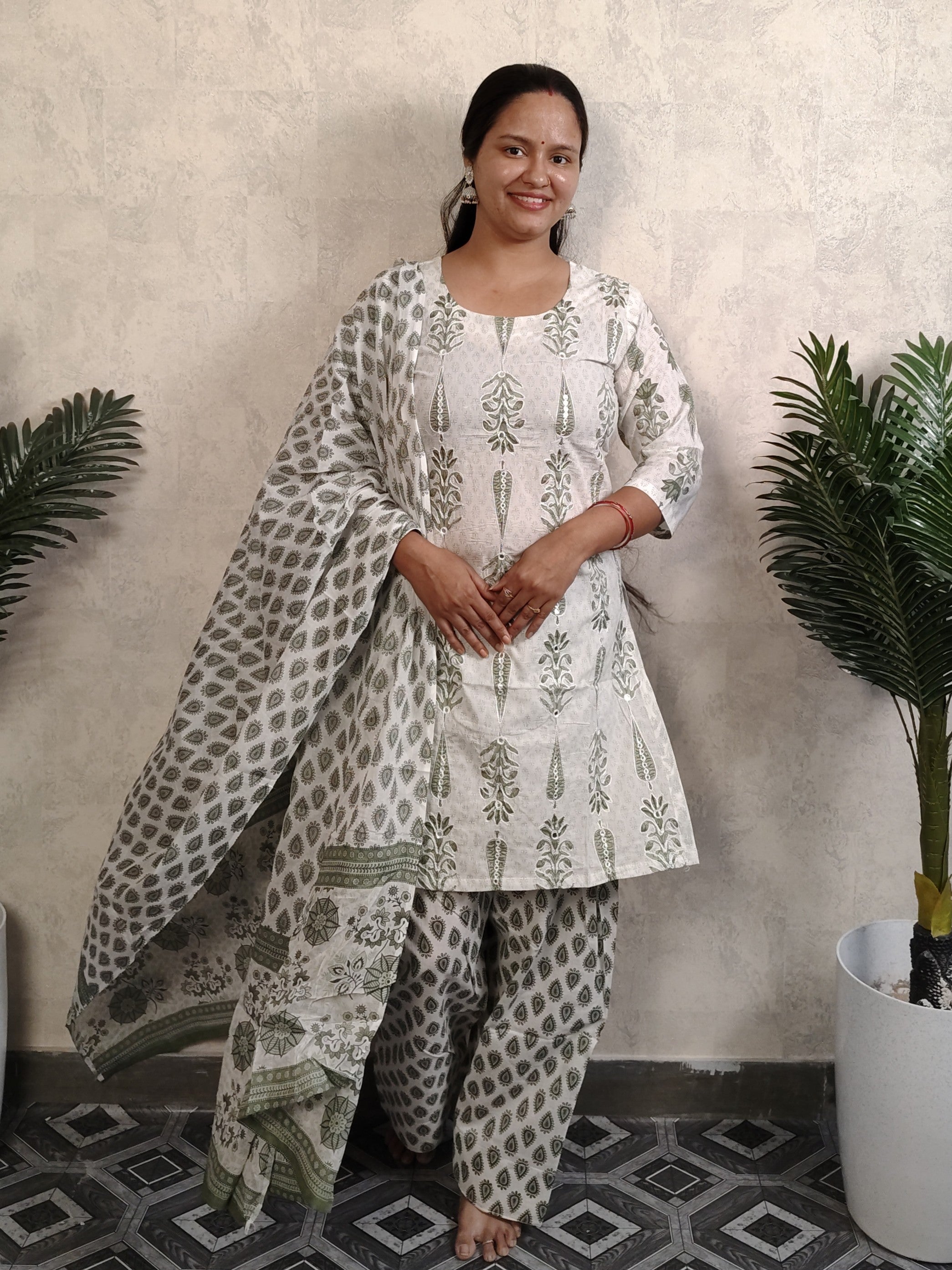 White Olive Green Mughal Boota Block Print Cotton Salwar Kurti Set with Dupatta