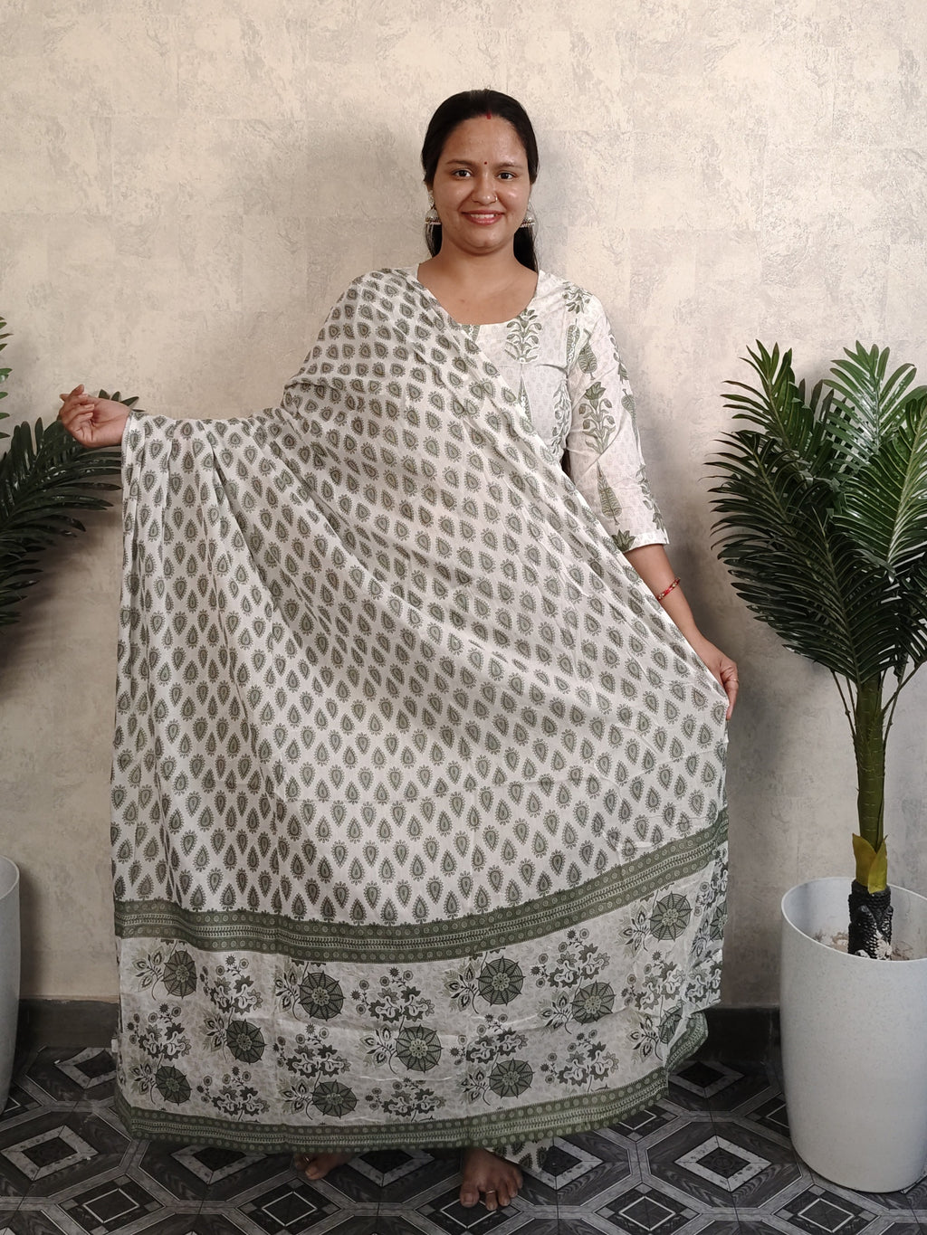 White Olive Green Mughal Boota Block Print Cotton Salwar Kurti Set with Dupatta