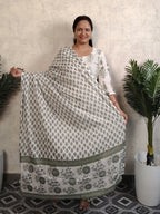 White Olive Green Mughal Boota Block Print Cotton Salwar Kurti Set with Dupatta