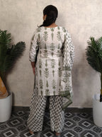 White Olive Green Mughal Boota Block Print Cotton Salwar Kurti Set with Dupatta