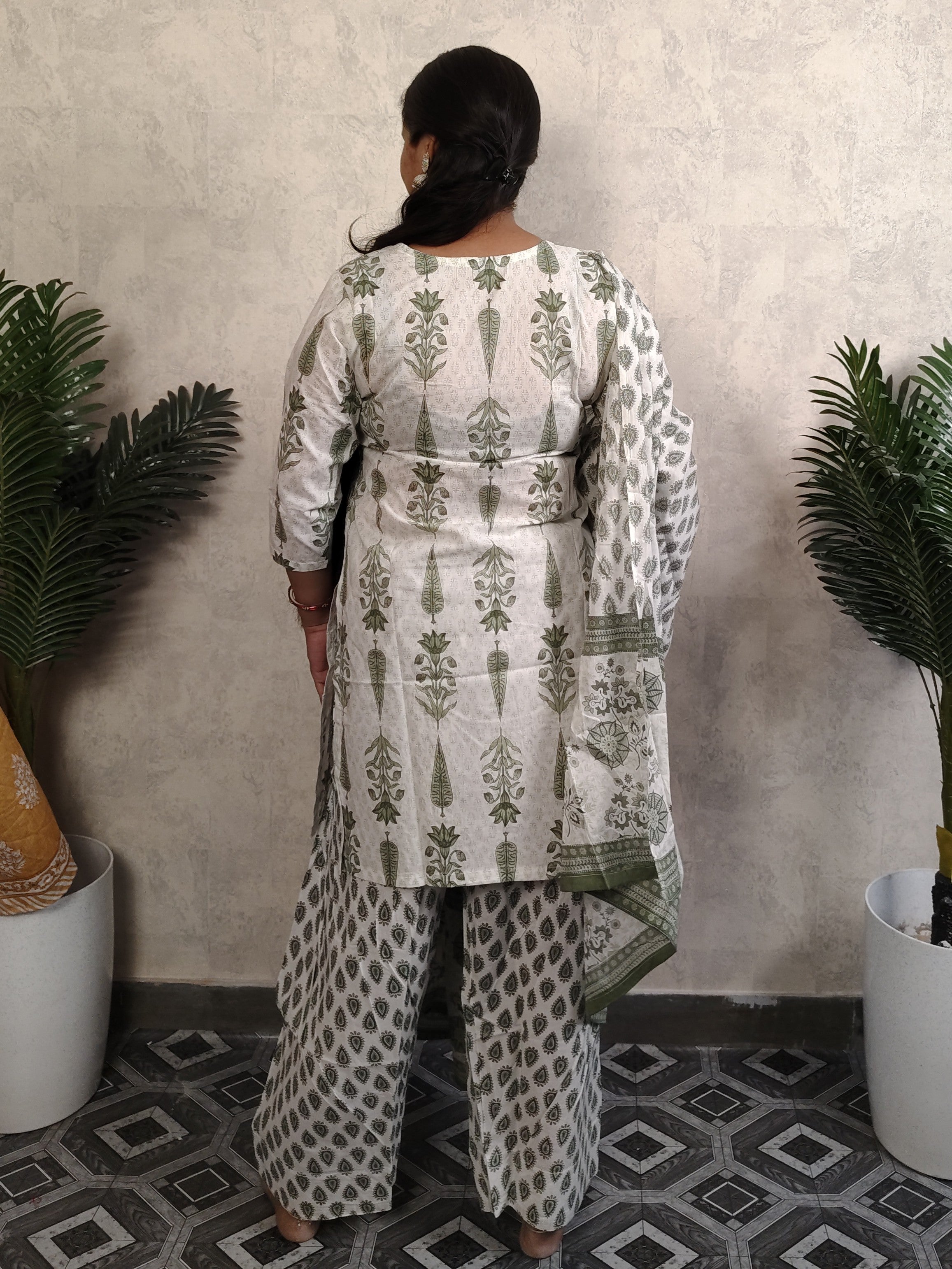 White Olive Green Mughal Boota Block Print Cotton Salwar Kurti Set with Dupatta