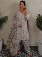 White Mauve Mughal Boota Block Print Cotton Salwar Kurti Set with Dupatta