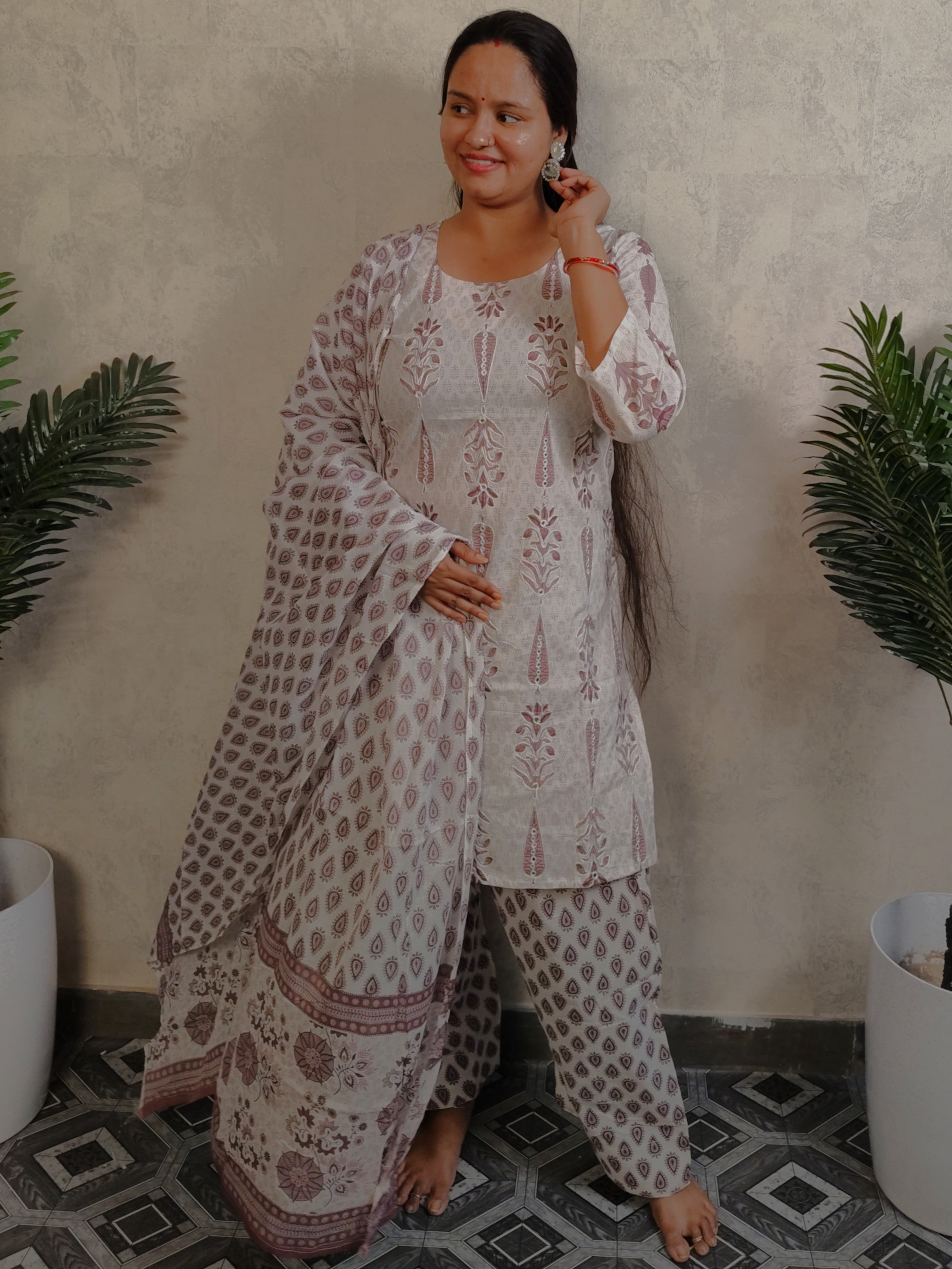 White Mauve Mughal Boota Block Print Cotton Salwar Kurti Set with Dupatta