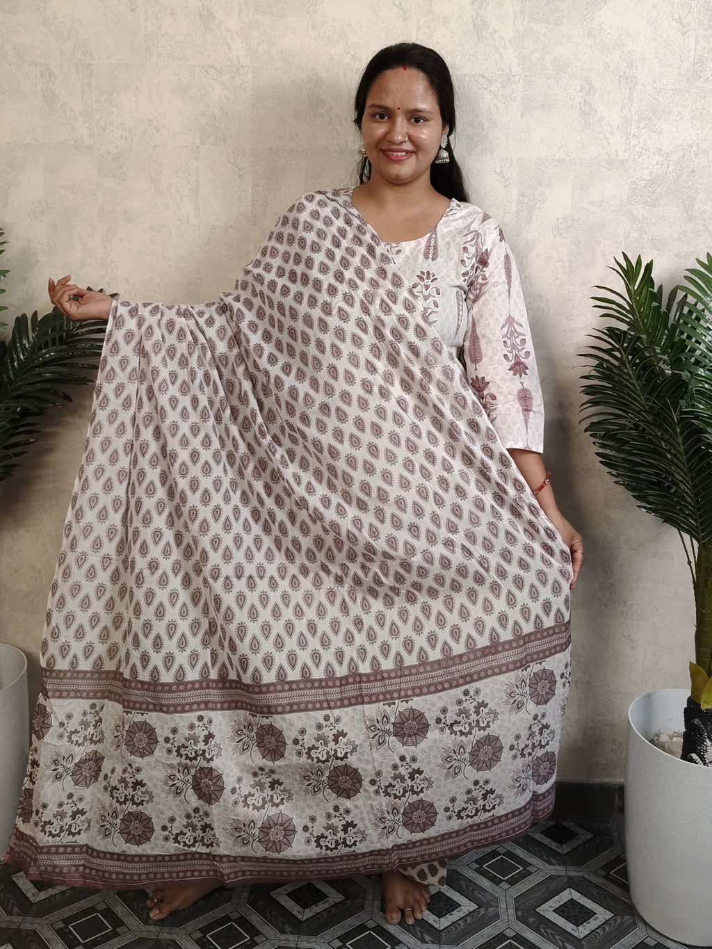 White Mauve Mughal Boota Block Print Cotton Salwar Kurti Set with Dupatta