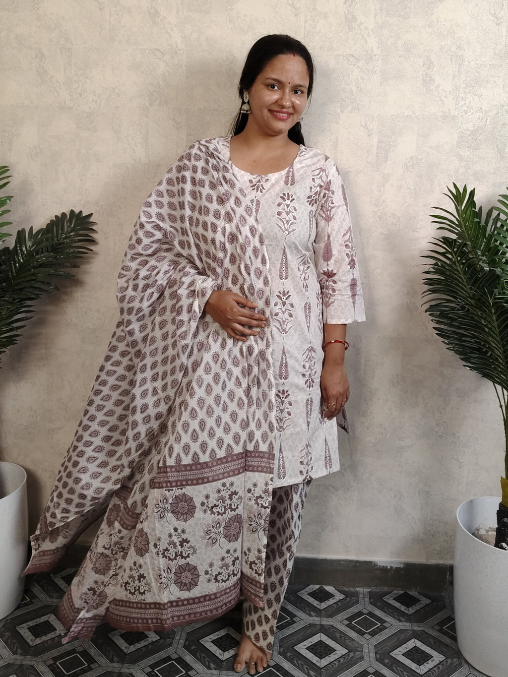 White Mauve Mughal Boota Block Print Cotton Salwar Kurti Set with Dupatta