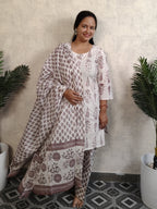 White Mauve Mughal Boota Block Print Cotton Salwar Kurti Set with Dupatta