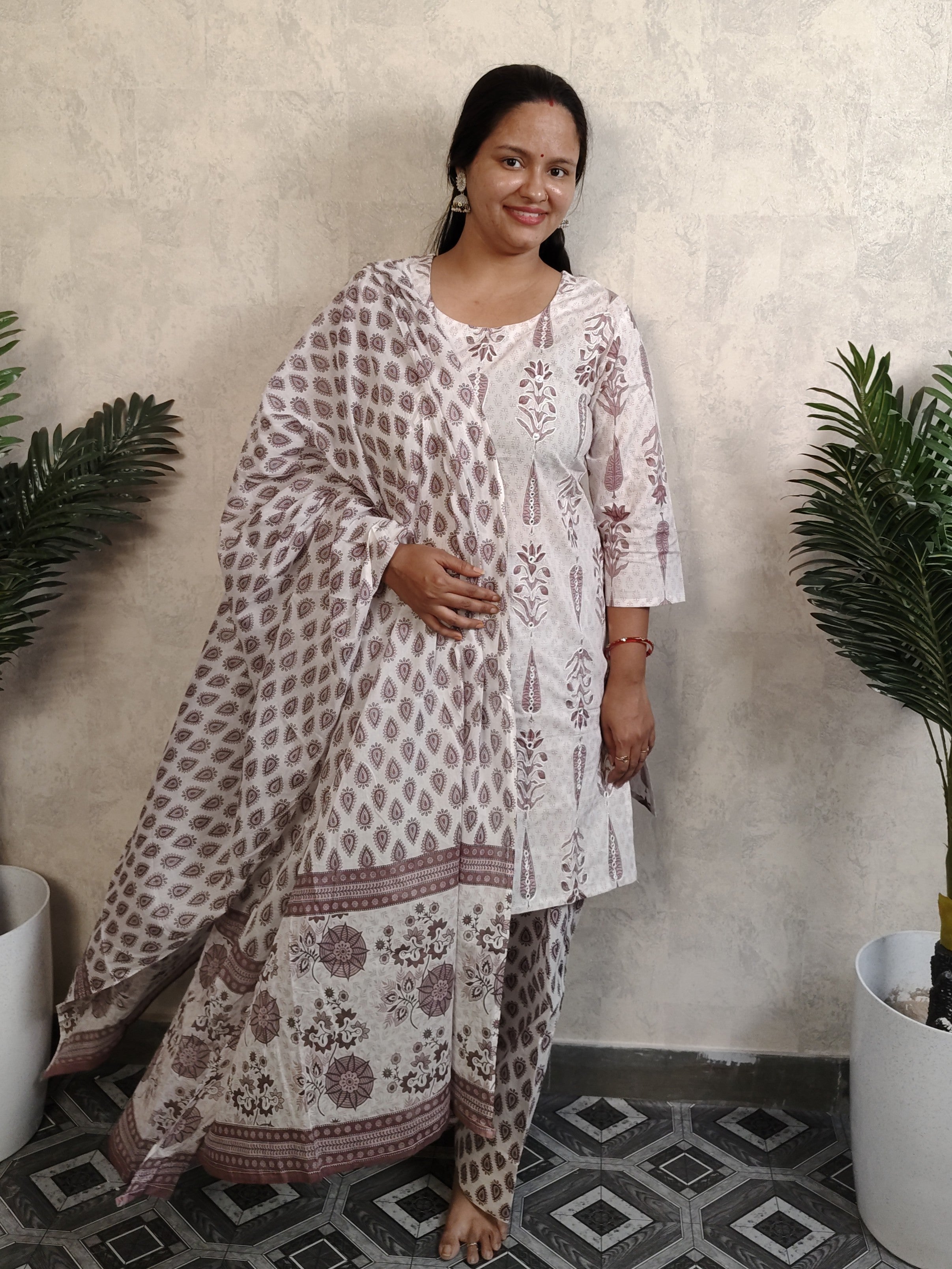 White Mauve Mughal Boota Block Print Cotton Salwar Kurti Set with Dupatta
