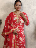 Red Floral Print Rayon Kurti Set with Dupatta