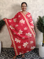 Red Floral Print Rayon Kurti Set with Dupatta