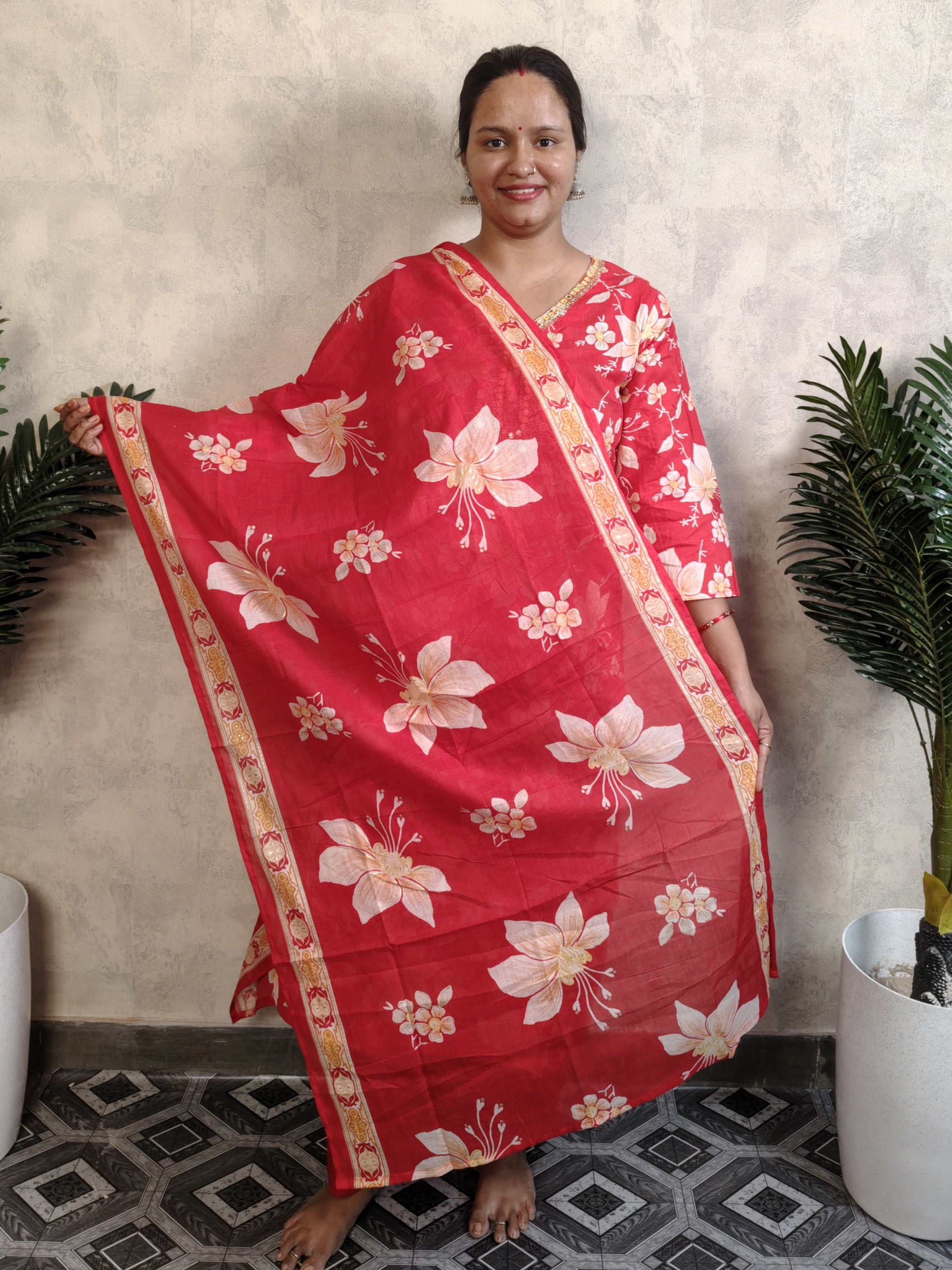 Red Floral Print Rayon Kurti Set with Dupatta