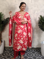 Red Floral Print Rayon Kurti Set with Dupatta