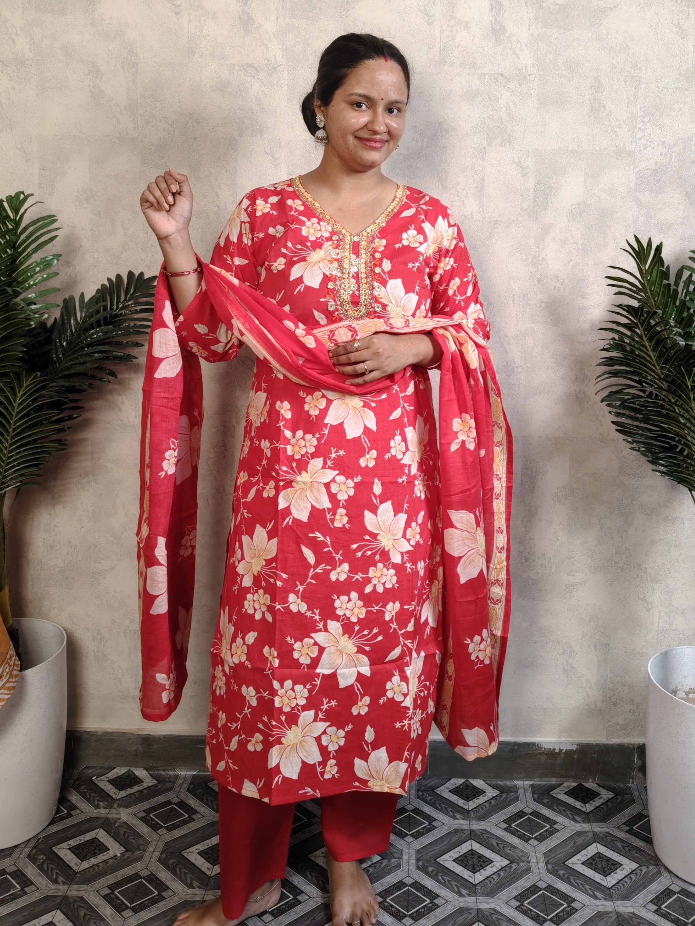 Red Floral Print Rayon Kurti Set with Dupatta