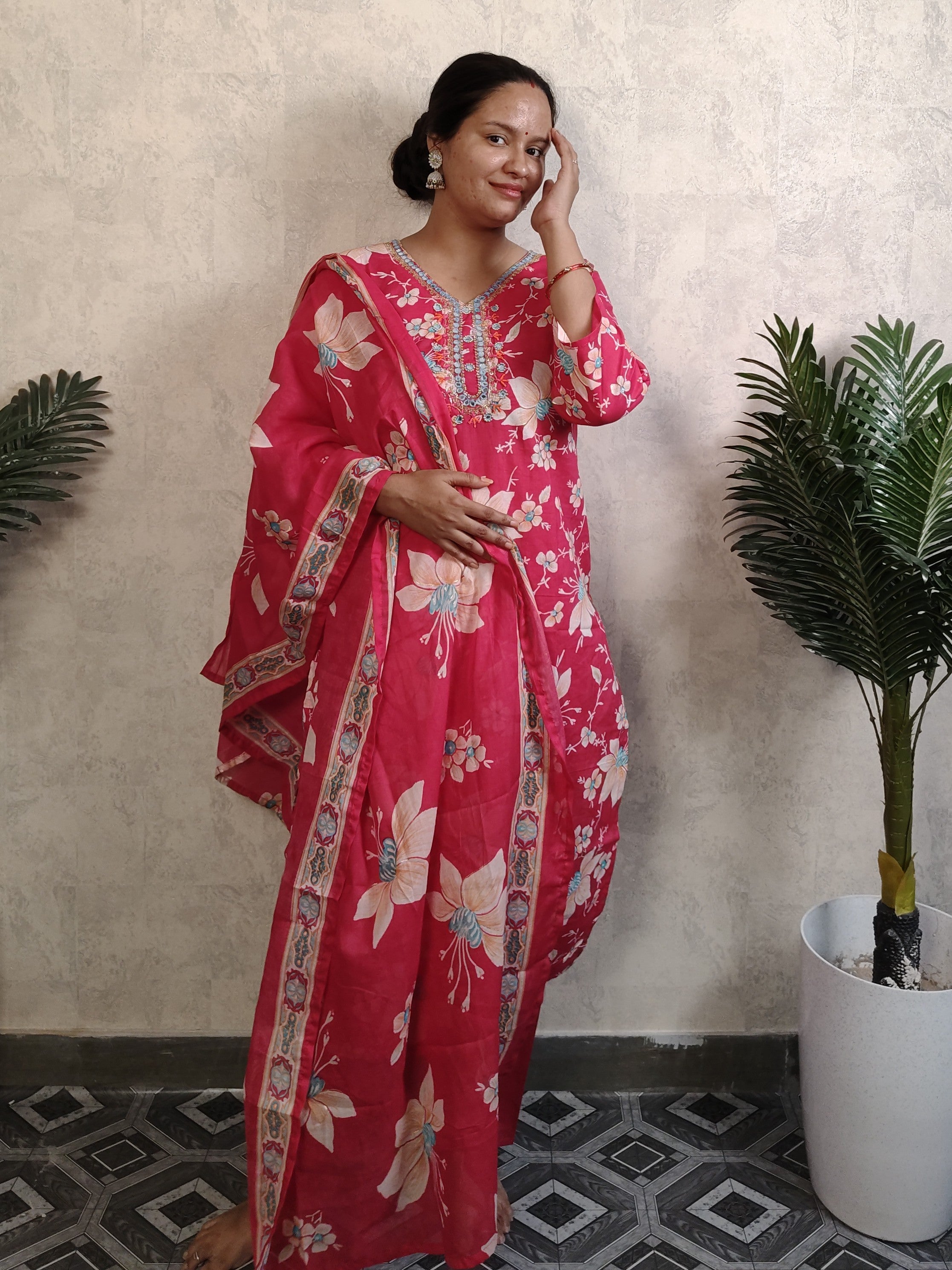 Pink Floral Print Rayon Kurti Set with Dupatta