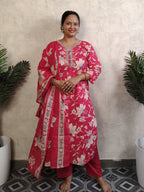 Pink Floral Print Rayon Kurti Set with Dupatta