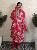 Pink Floral Print Rayon Kurti Set with Dupatta