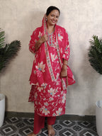 Pink Floral Print Rayon Kurti Set with Dupatta
