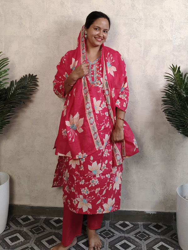 Pink Floral Print Rayon Kurti Set with Dupatta