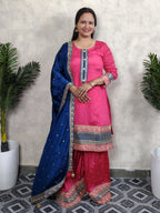 Hot Pink & Royal Blue Embroidered Silk Sharara Set with Dupatta
