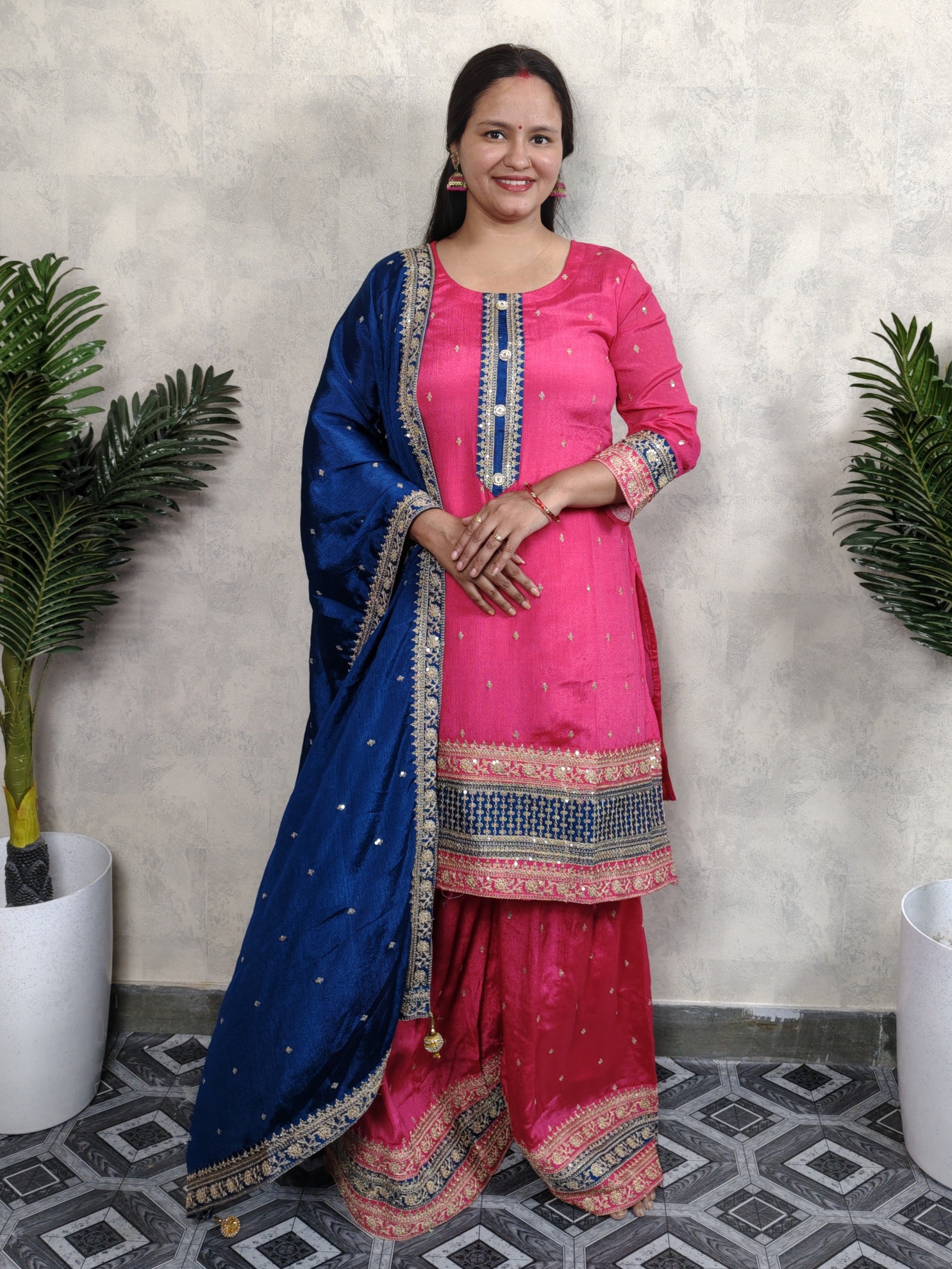 Hot Pink & Royal Blue Embroidered Silk Sharara Set with Dupatta