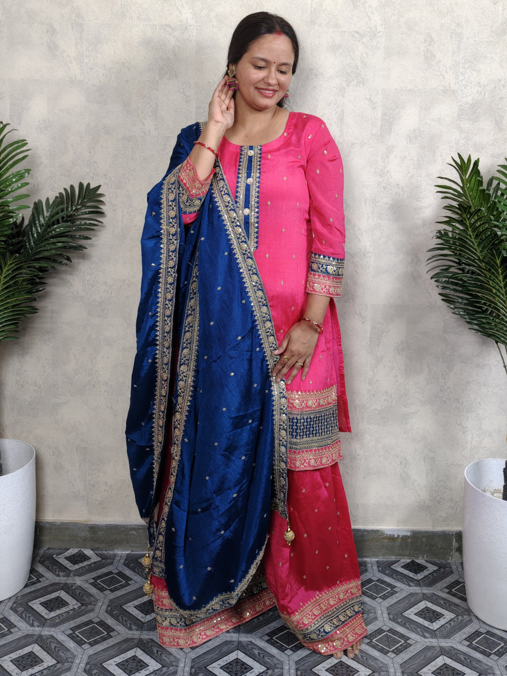 Hot Pink & Royal Blue Embroidered Silk Sharara Set with Dupatta