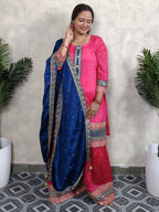 Hot Pink & Royal Blue Embroidered Silk Sharara Set with Dupatta