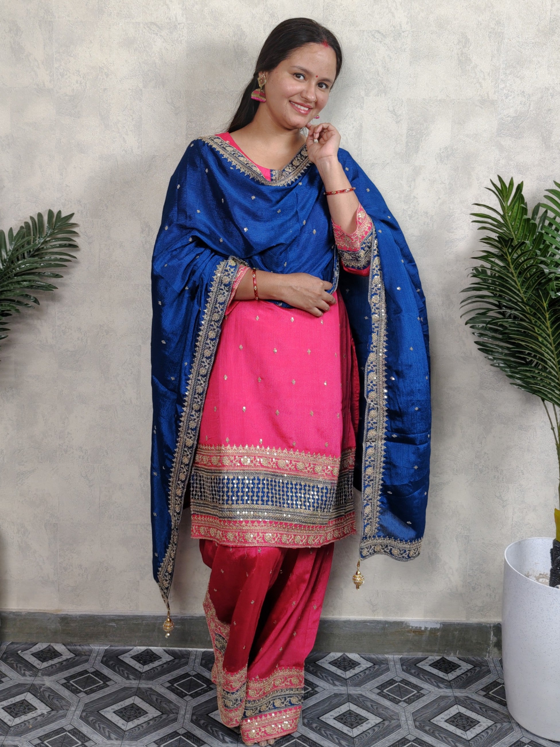 Hot Pink & Royal Blue Embroidered Silk Sharara Set with Dupatta
