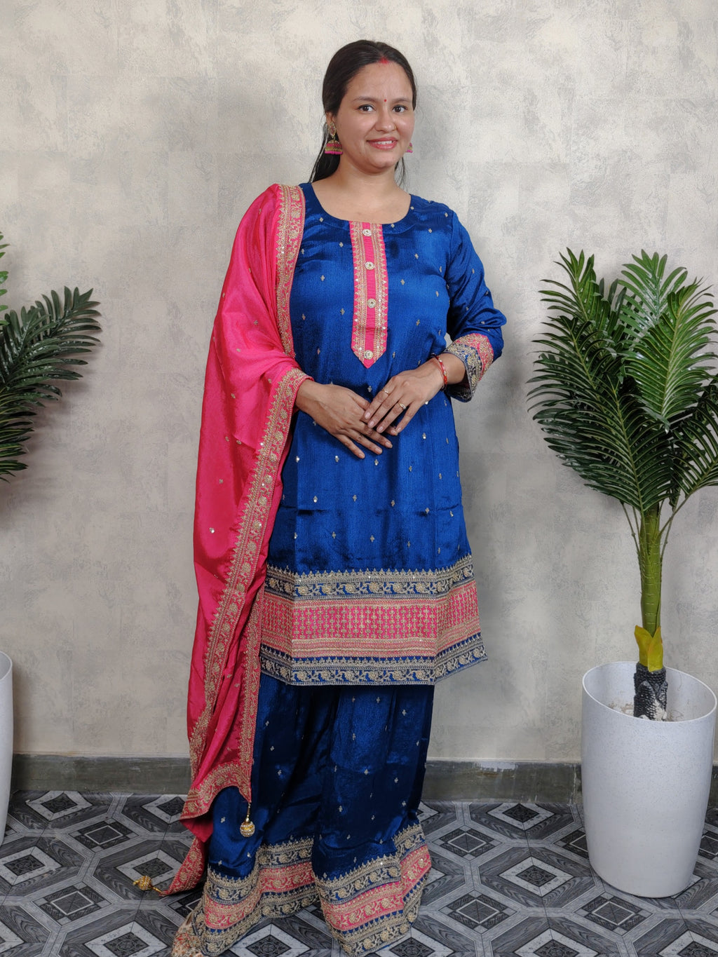 Royal Blue & Hot Pink Embroidered Silk Sharara Set with Dupatta