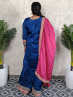 Royal Blue & Hot Pink Embroidered Silk Sharara Set with Dupatta