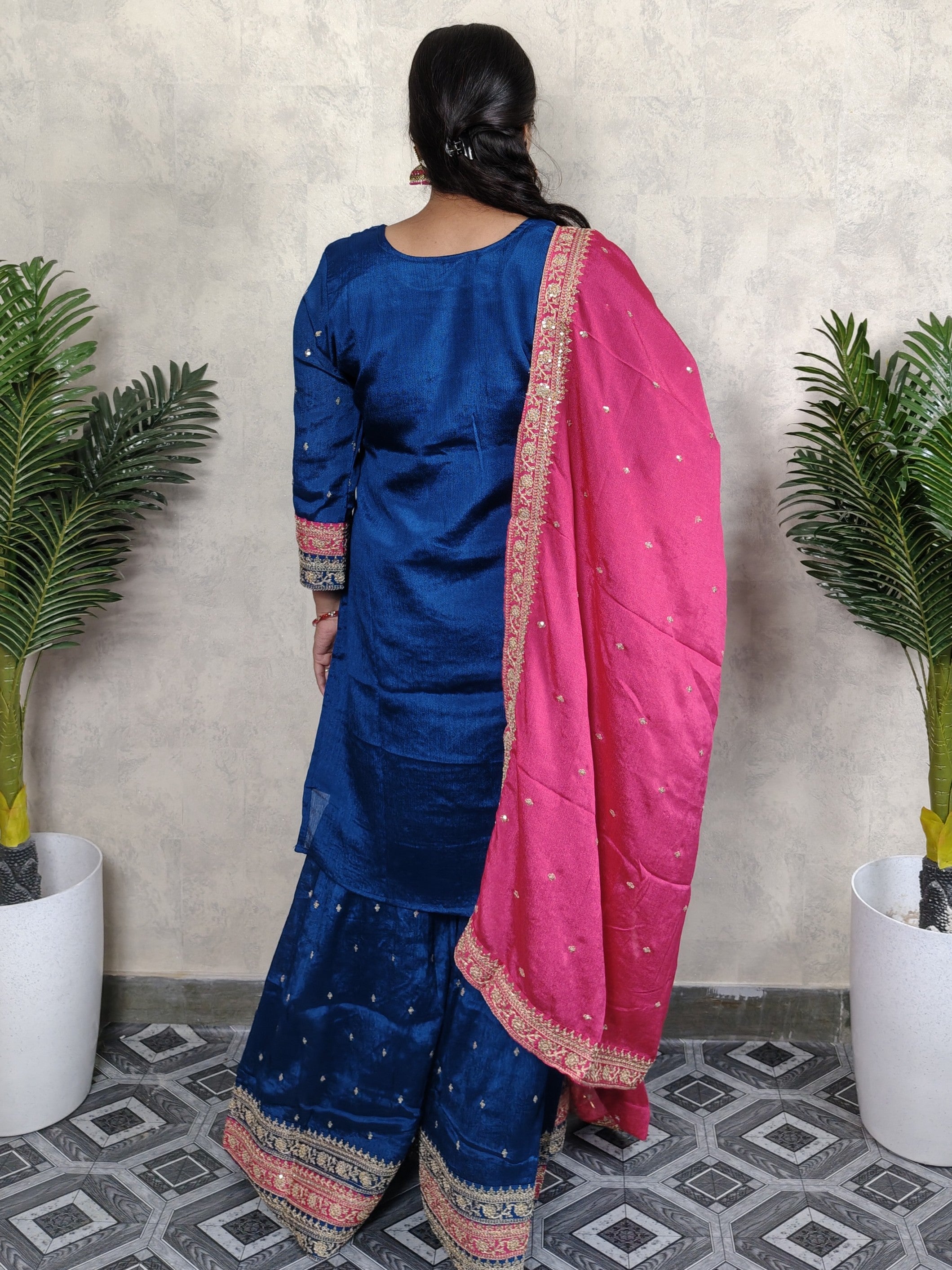 Royal Blue & Hot Pink Embroidered Silk Sharara Set with Dupatta