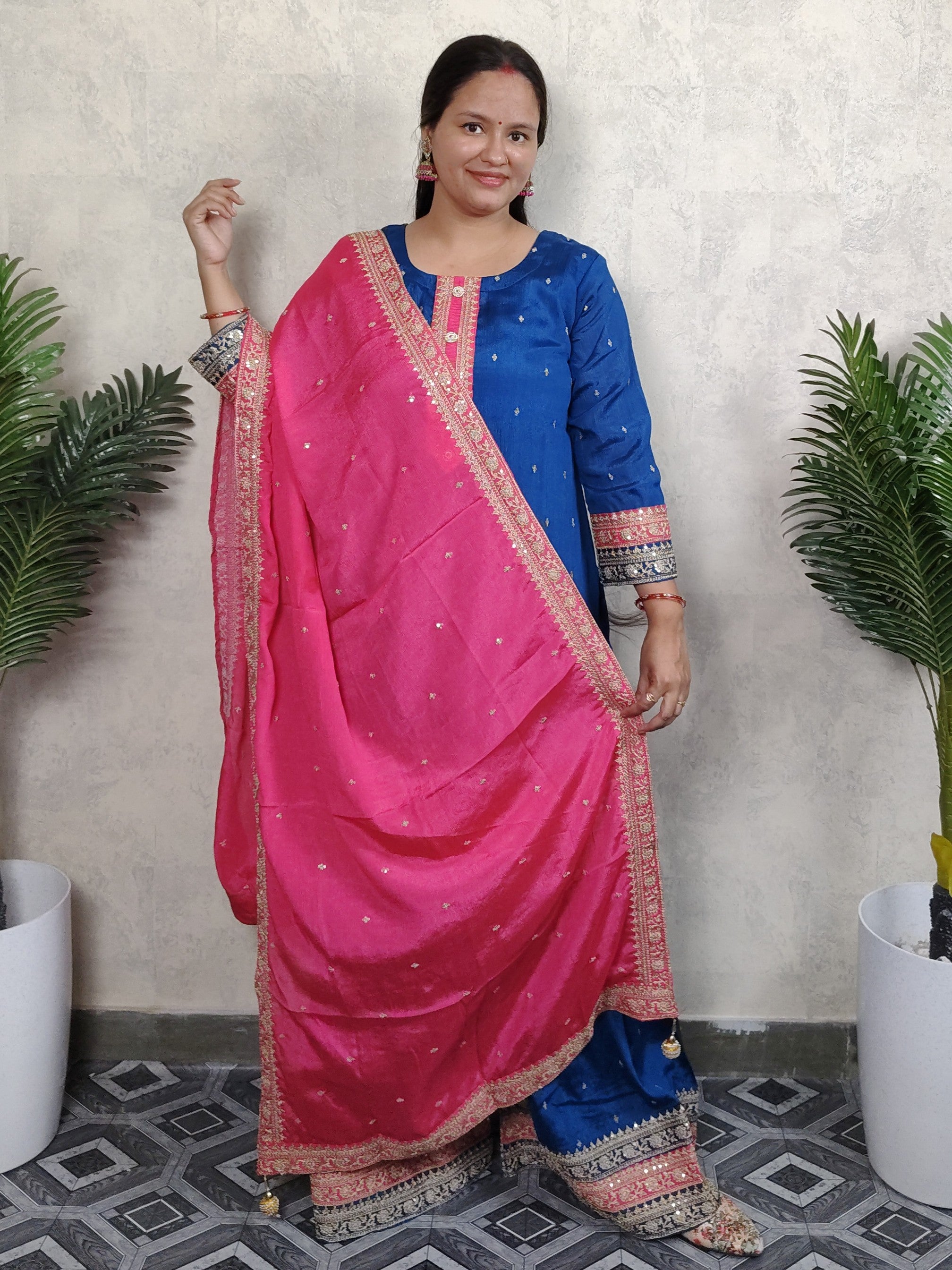 Royal Blue & Hot Pink Embroidered Silk Sharara Set with Dupatta