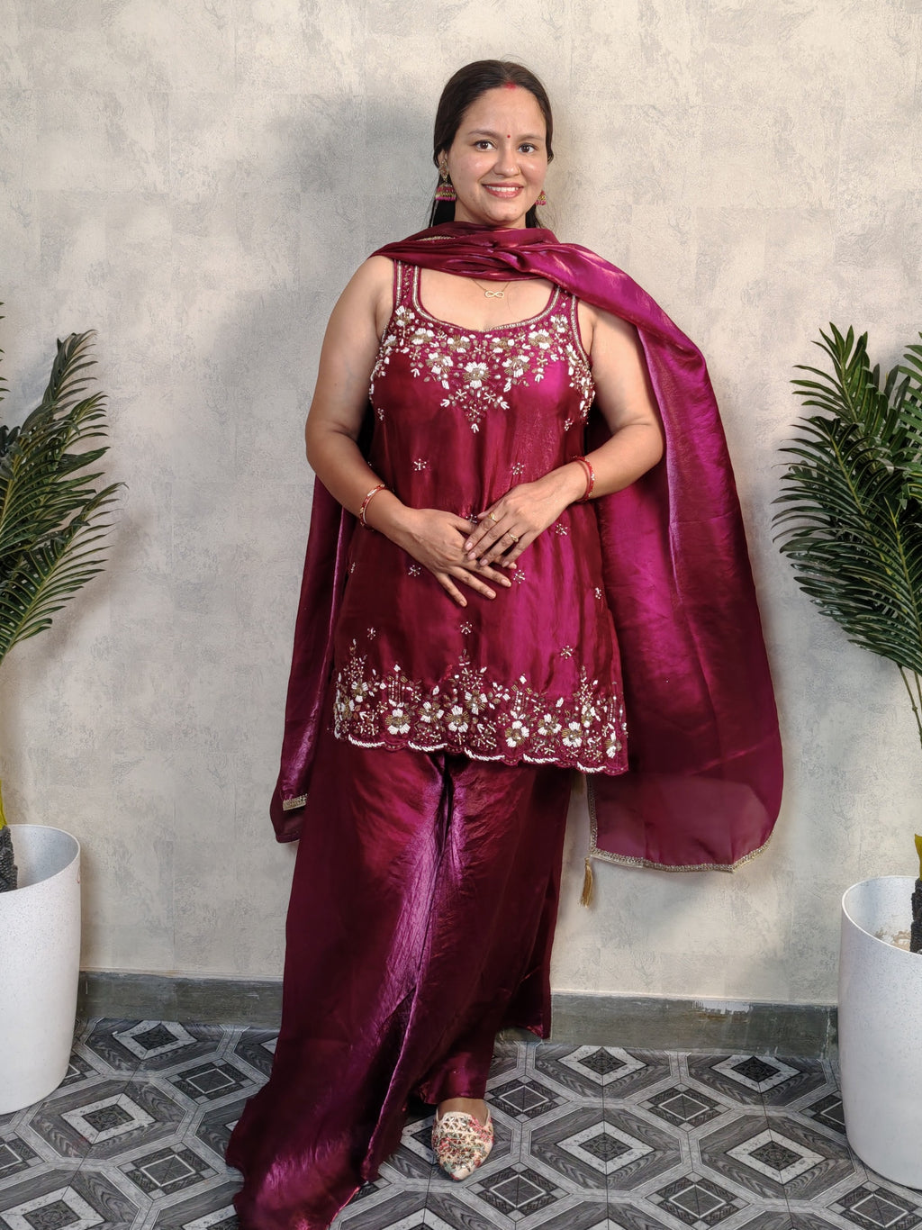Wine Magenta Floral Embroidered Silk Sharara Set with Dupatta