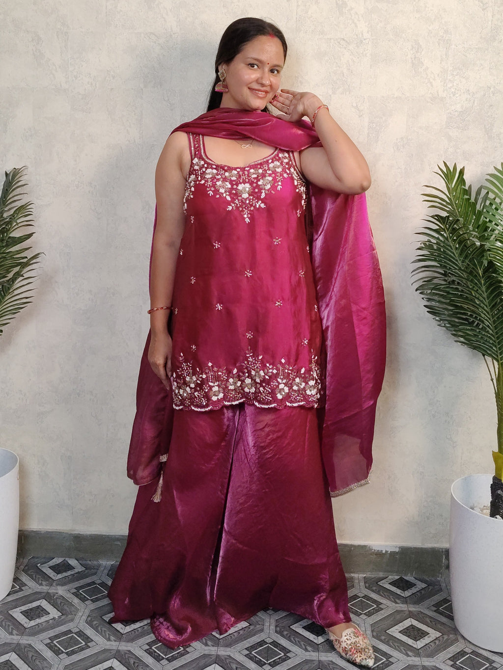 Wine Magenta Floral Embroidered Silk Sharara Set with Dupatta