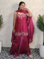 Wine Magenta Floral Embroidered Silk Sharara Set with Dupatta