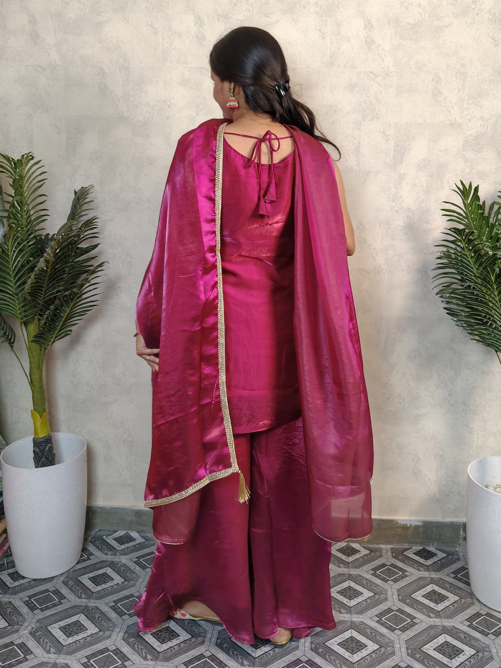 Wine Magenta Floral Embroidered Silk Sharara Set with Dupatta
