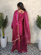 Wine Magenta Floral Embroidered Silk Sharara Set with Dupatta