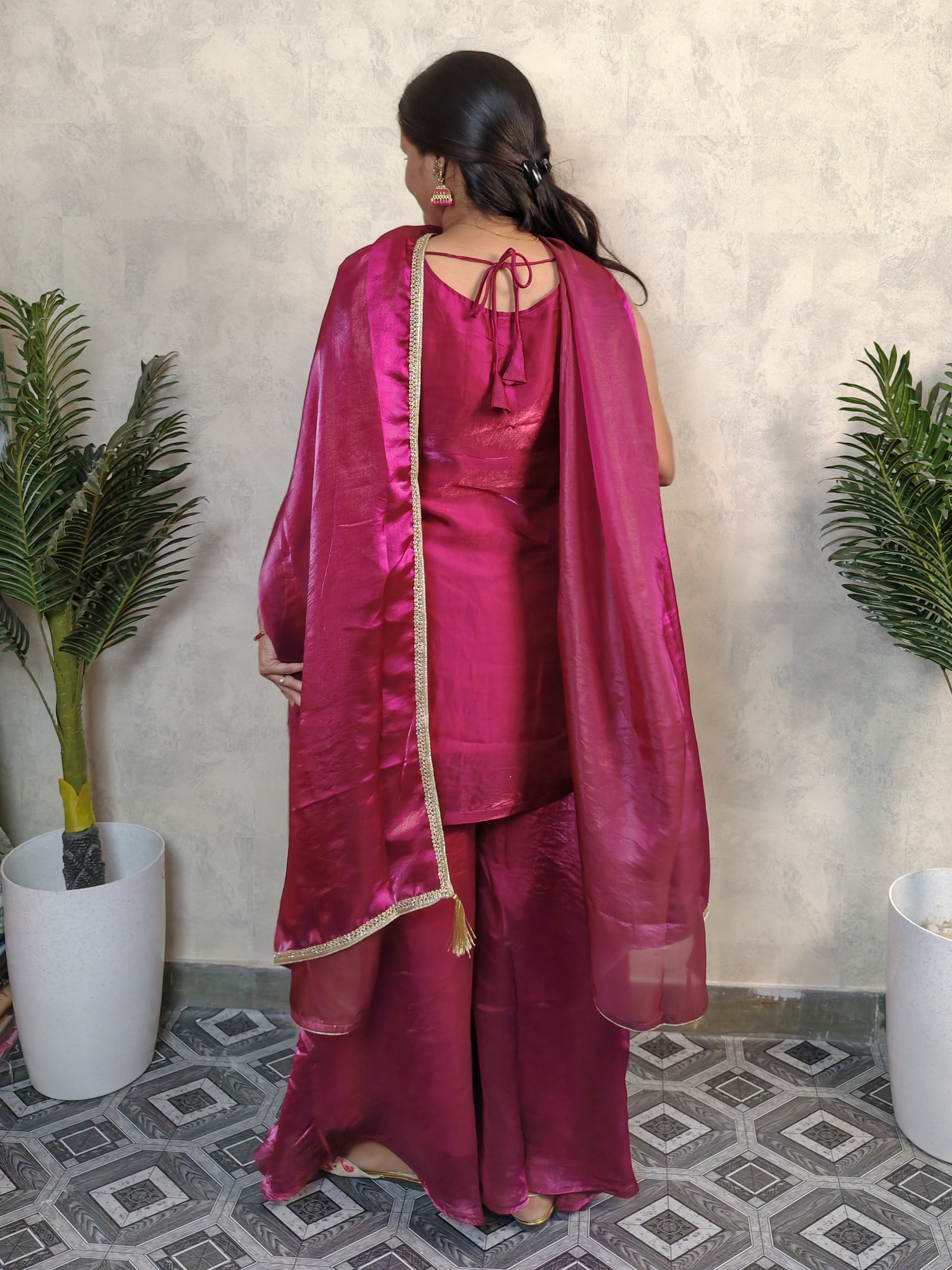 Wine Magenta Floral Embroidered Silk Sharara Set with Dupatta