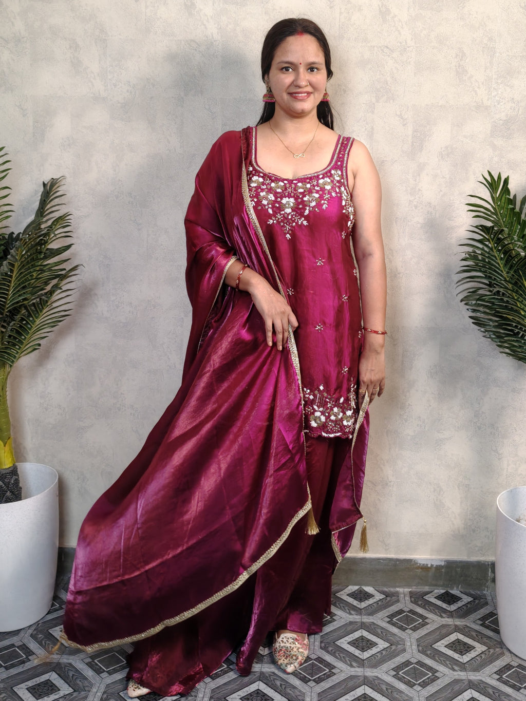 Wine Magenta Floral Embroidered Silk Sharara Set with Dupatta