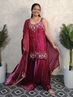 Wine Magenta Floral Embroidered Silk Sharara Set with Dupatta