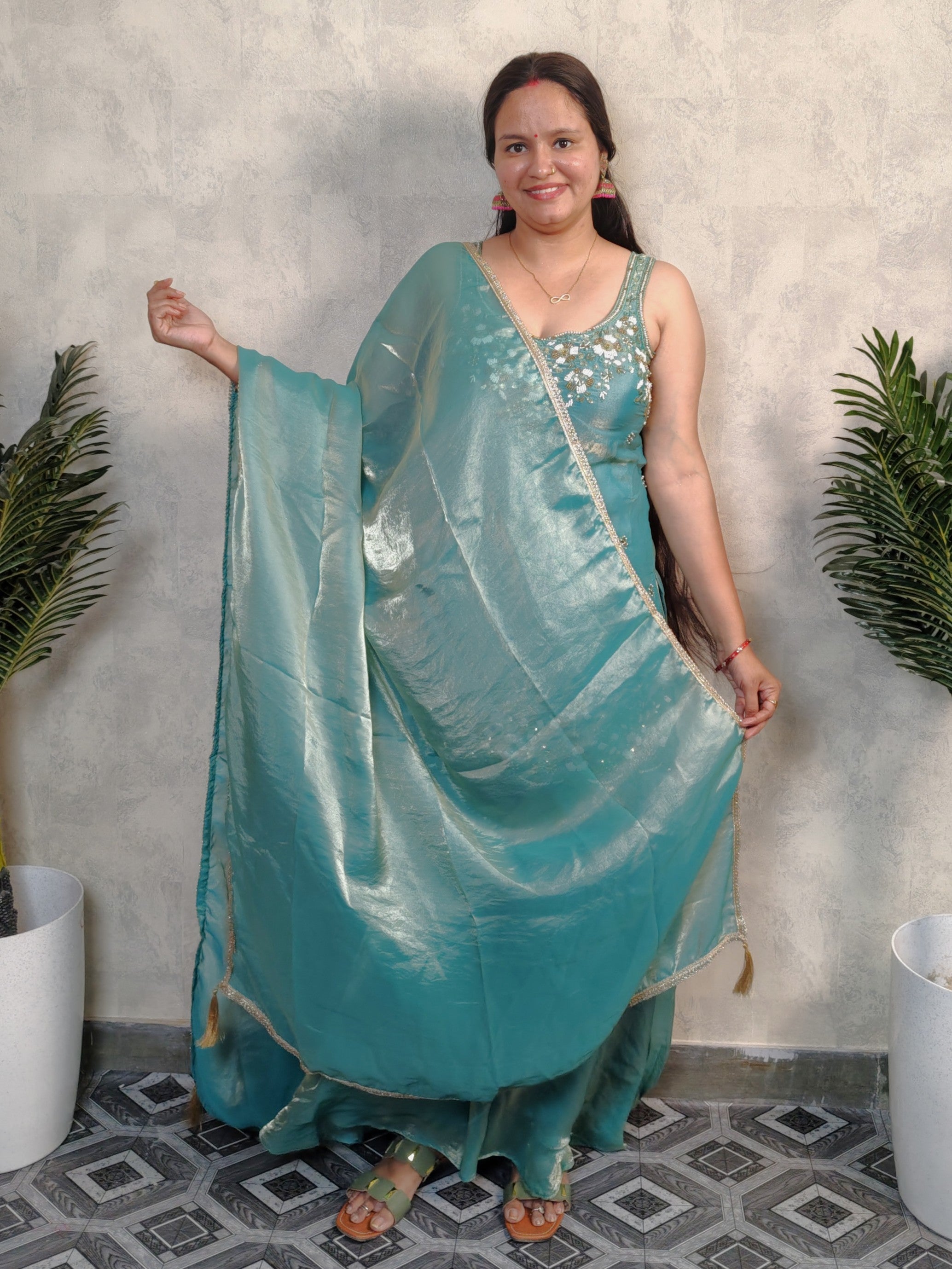 Teal Turquoise Floral Embroidered Silk Sharara Set with Dupatta
