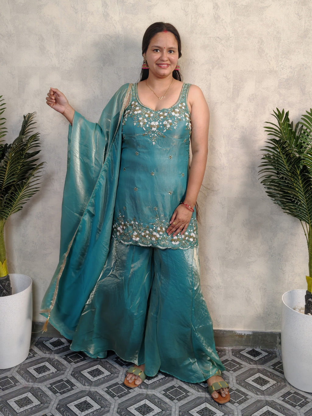 Teal Turquoise Floral Embroidered Silk Sharara Set with Dupatta