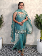 Teal Turquoise Floral Embroidered Silk Sharara Set with Dupatta