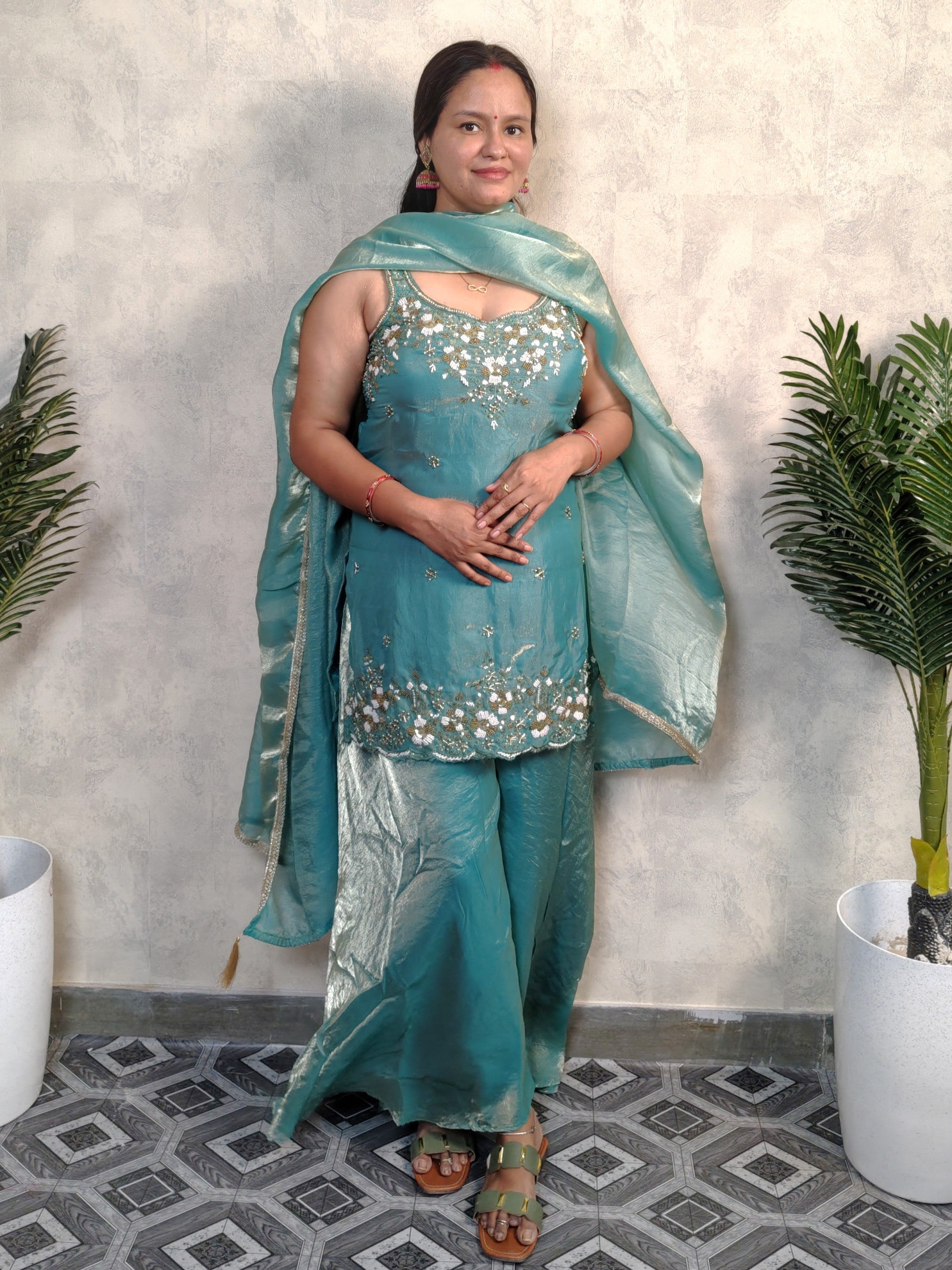 Teal Turquoise Floral Embroidered Silk Sharara Set with Dupatta