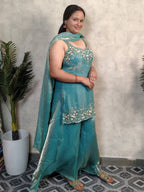 Teal Turquoise Floral Embroidered Silk Sharara Set with Dupatta