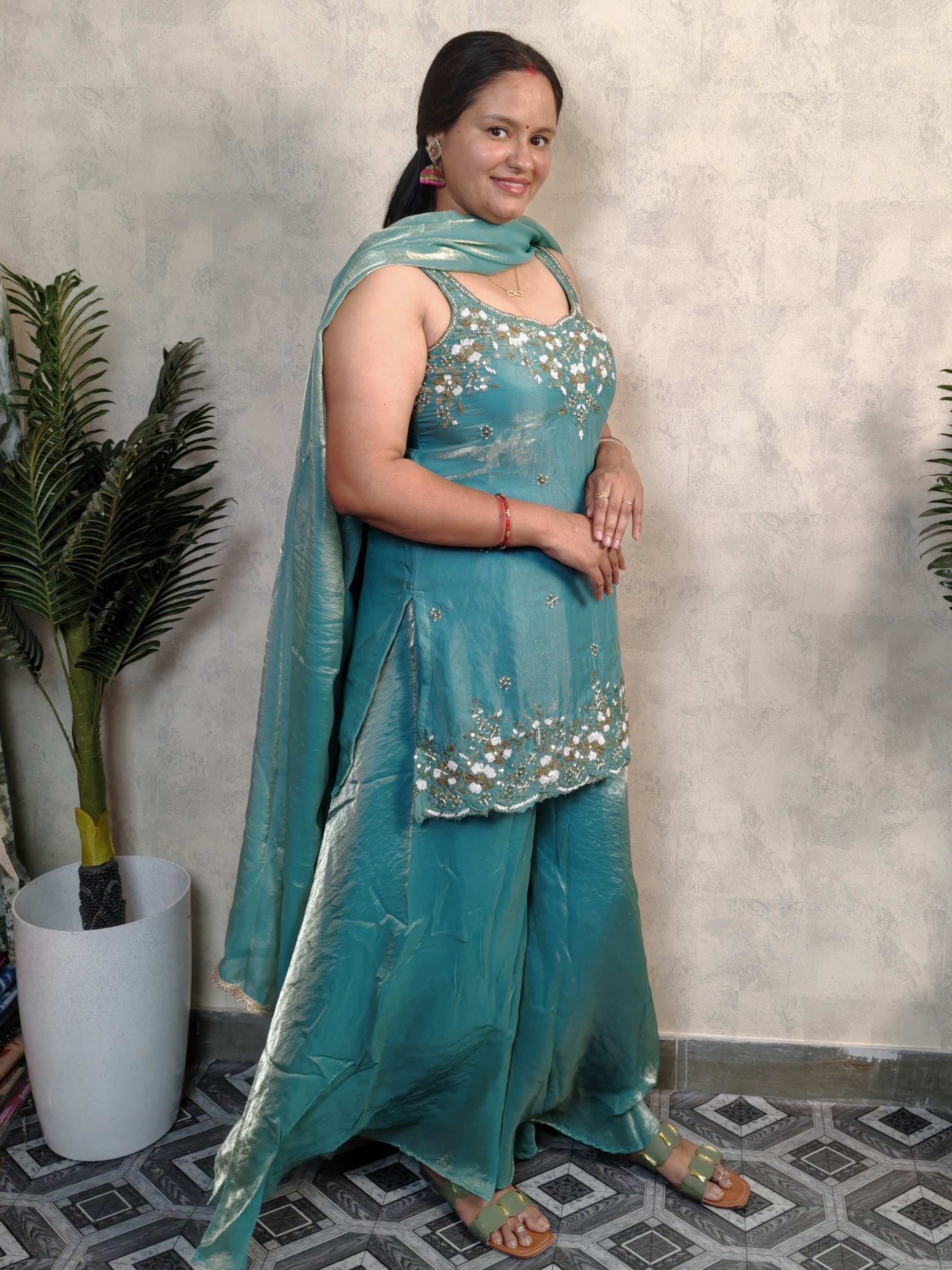 Teal Turquoise Floral Embroidered Silk Sharara Set with Dupatta