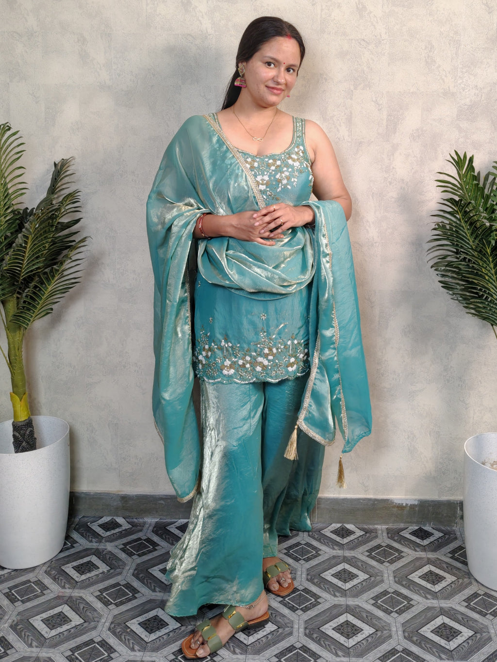 Teal Turquoise Floral Embroidered Silk Sharara Set with Dupatta