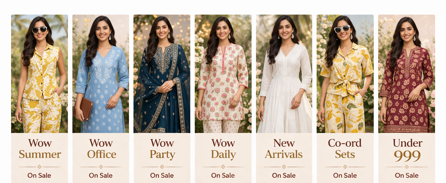 Promotional banner with images of women in various outfits and text indicating different sale categories.