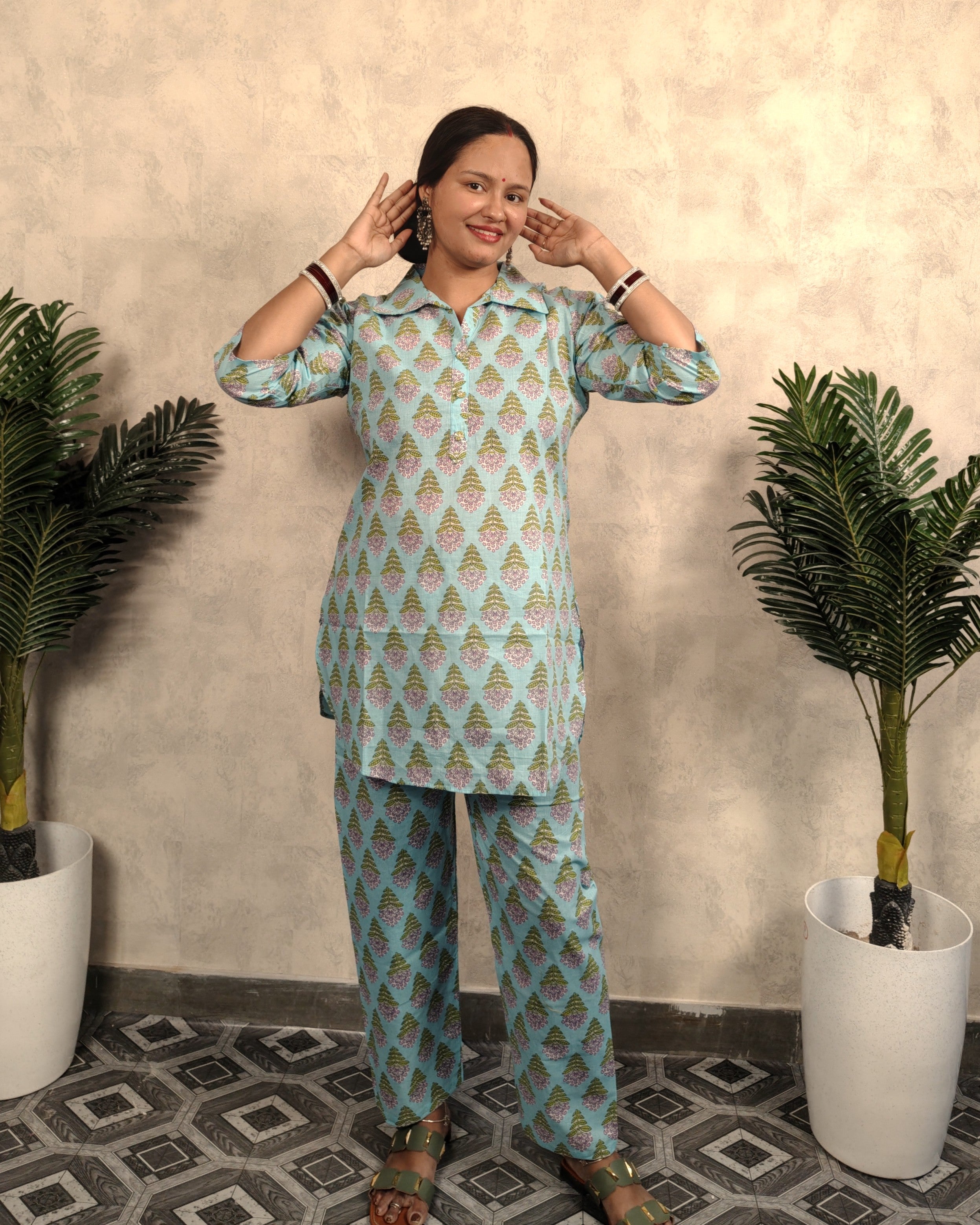 Sky Blue Printed Cotton Co-ord Set