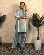Teal & White Geometric Printed Cotton Co-ord Set